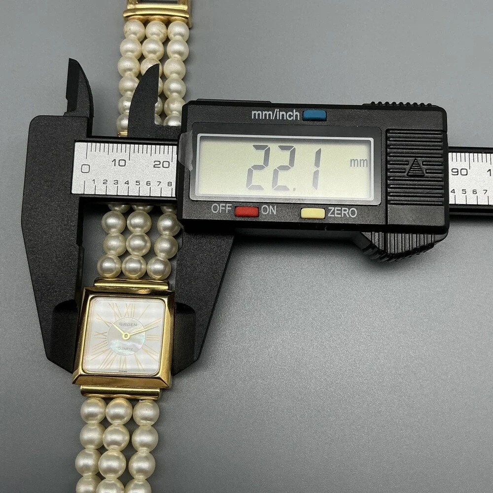 Gruen Womens Watch 22mm Square MOP Faux Pearl Band Gold Tone New Battey 7.25